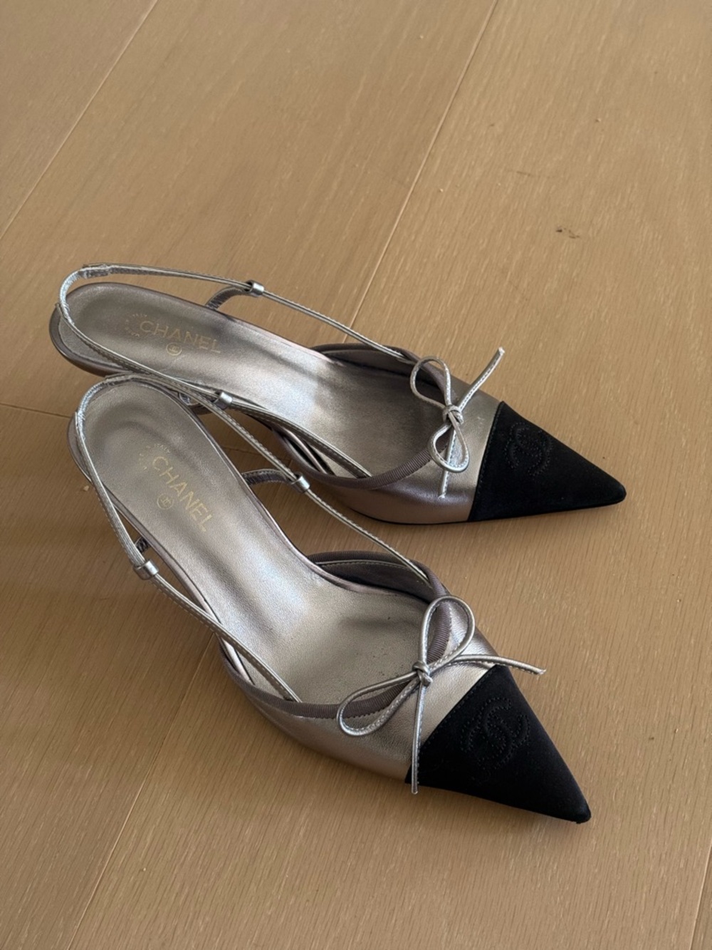 CHANEL Two-Tone Slingback Pumps in Silver and Black
